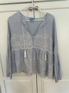 CeCe Blue and White Striped Lace-Paneled Peasant  Blouse. Size large.